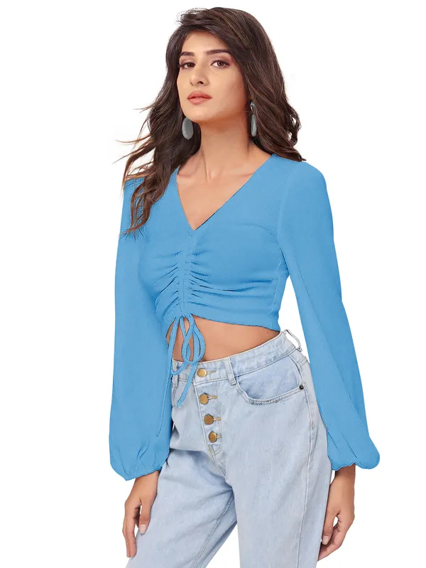 Sky_Blue_Casual_Balloon_Sleeve_Solid_Top_For_Women