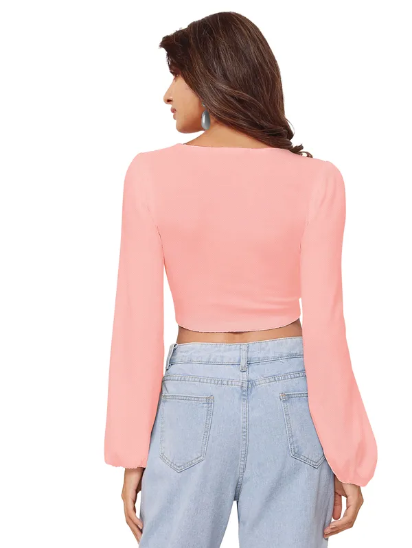 Peach_Casual_Balloon_Sleeve_Solid_Top_For_Women