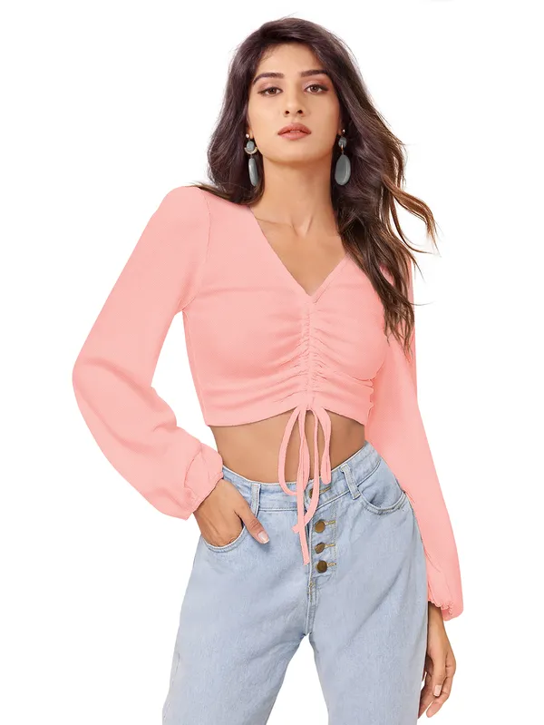 Peach_Casual_Balloon_Sleeve_Solid_Top_For_Women