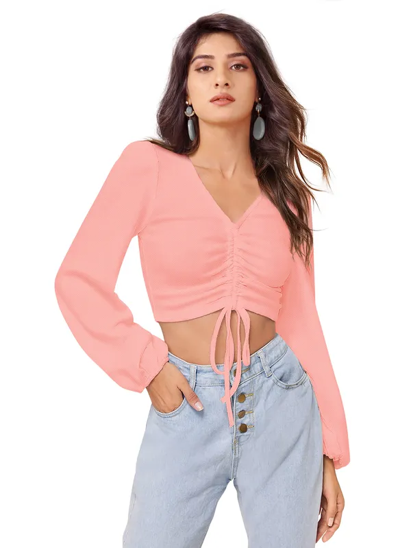 Peach_Casual_Balloon_Sleeve_Solid_Top_For_Women