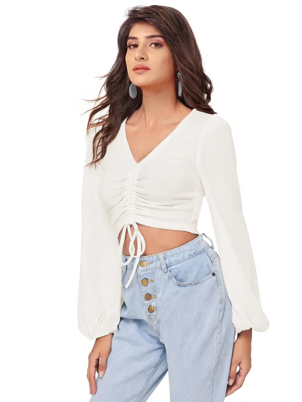 White_Casual_Balloon_Sleeve_Solid_Top_For_Women