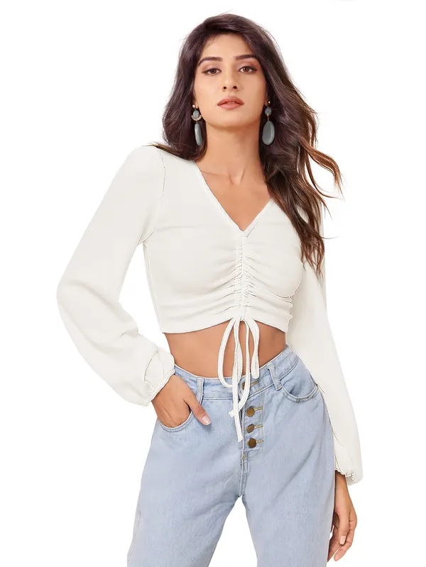 White_Casual_Balloon_Sleeve_Solid_Top_For_Women