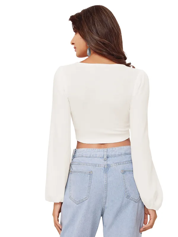 White_Casual_Balloon_Sleeve_Solid_Top_For_Women
