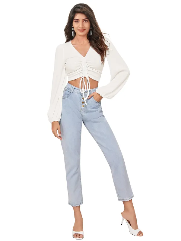 White_Casual_Balloon_Sleeve_Solid_Top_For_Women