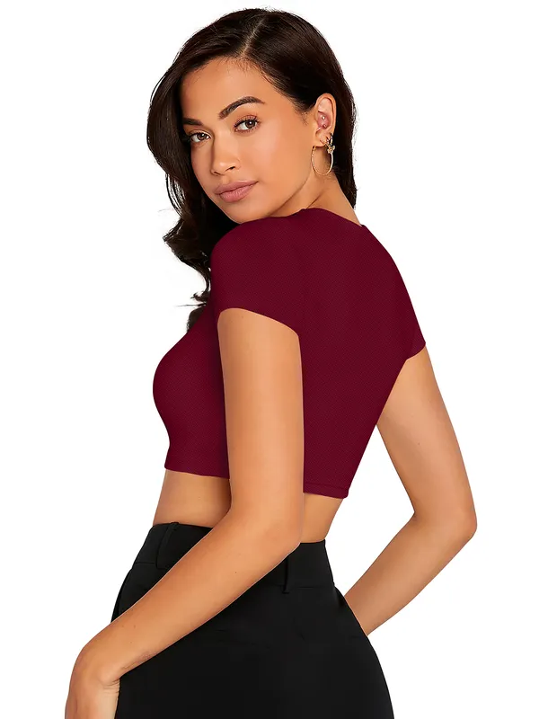Maroon_Cute_Summer_Scoop_Neck_Basic_Tees_Slim_Fit_Trendy_Short_Sleeve_T-Shirt_For_Women