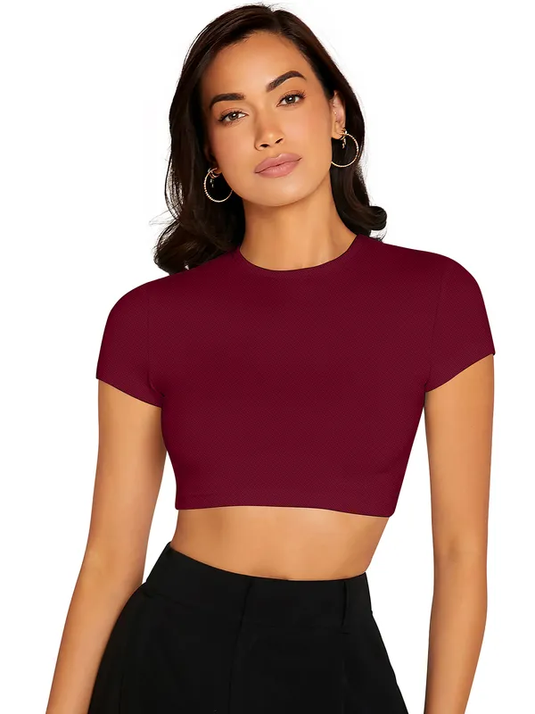 Maroon_Cute_Summer_Scoop_Neck_Basic_Tees_Slim_Fit_Trendy_Short_Sleeve_T-Shirt_For_Women