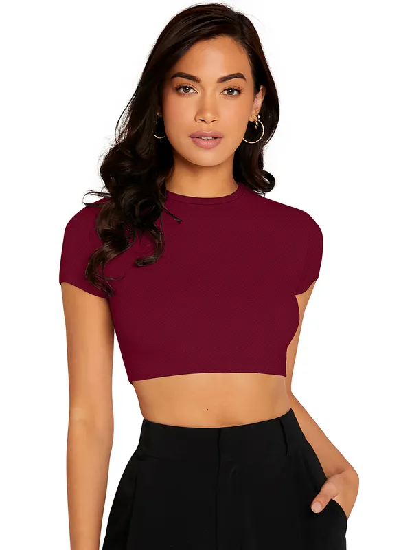 Maroon_Cute_Summer_Scoop_Neck_Basic_Tees_Slim_Fit_Trendy_Short_Sleeve_T-Shirt_For_Women
