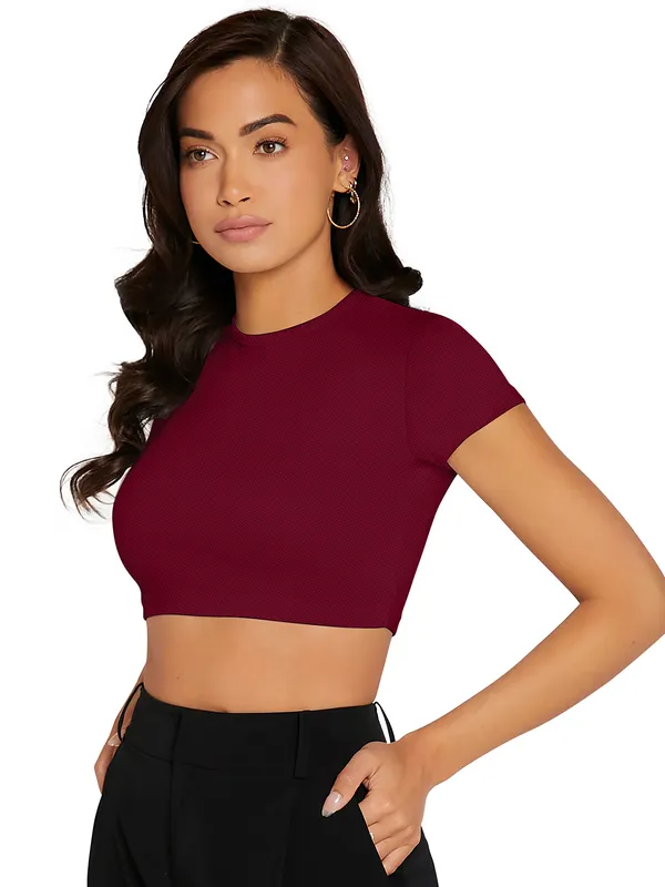 Maroon_Cute_Summer_Scoop_Neck_Basic_Tees_Slim_Fit_Trendy_Short_Sleeve_T-Shirt_For_Women