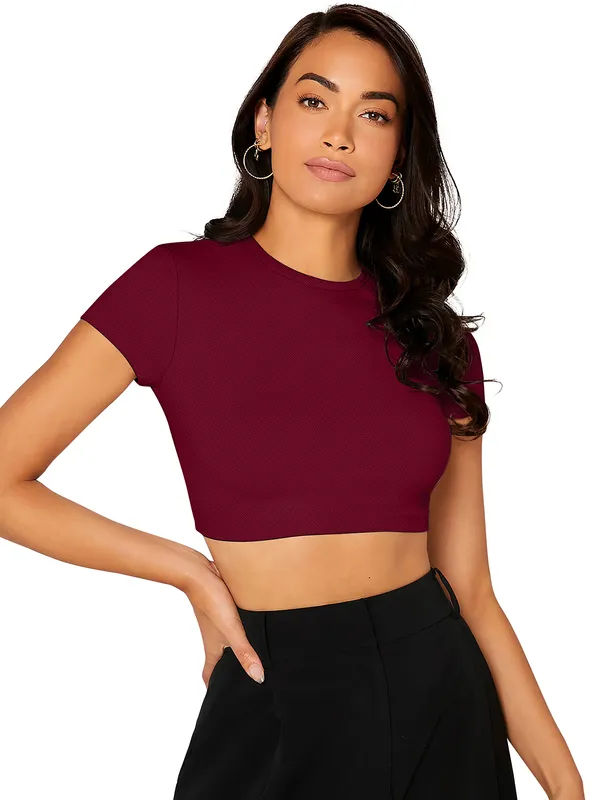 Maroon_Cute_Summer_Scoop_Neck_Basic_Tees_Slim_Fit_Trendy_Short_Sleeve_T-Shirt_For_Women