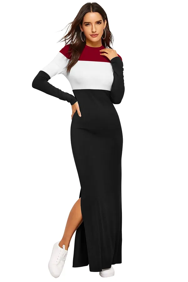 Maroon_Classy_Kart_Maxi_Long_Casual_Lycra_Fabric_With_Round_Neck_Side_Cut_Fully_Stitched_Gown_For_Women
