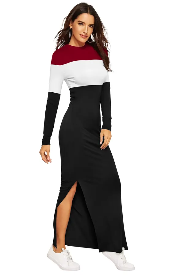 Maroon_Classy_Kart_Maxi_Long_Casual_Lycra_Fabric_With_Round_Neck_Side_Cut_Fully_Stitched_Gown_For_Women