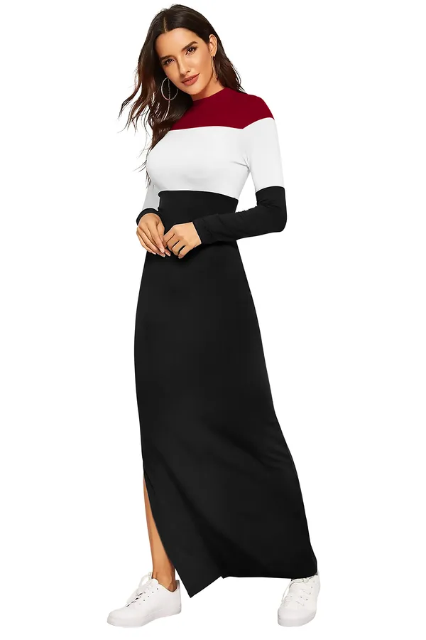 Maroon_Classy_Kart_Maxi_Long_Casual_Lycra_Fabric_With_Round_Neck_Side_Cut_Fully_Stitched_Gown_For_Women