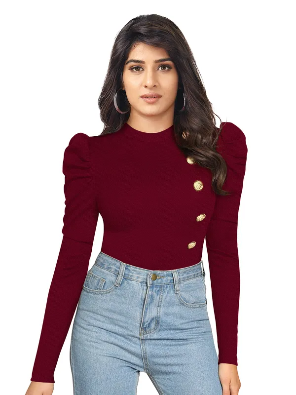 Maroon_Mock_Neck_Puff_Sleeve_Slim_Fit_Top_For_Women
