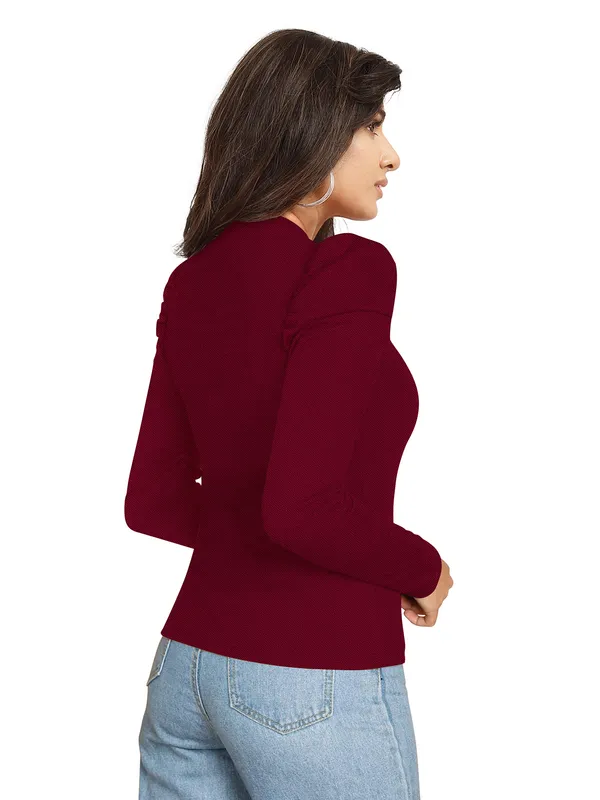 Maroon_Mock_Neck_Puff_Sleeve_Slim_Fit_Top_For_Women