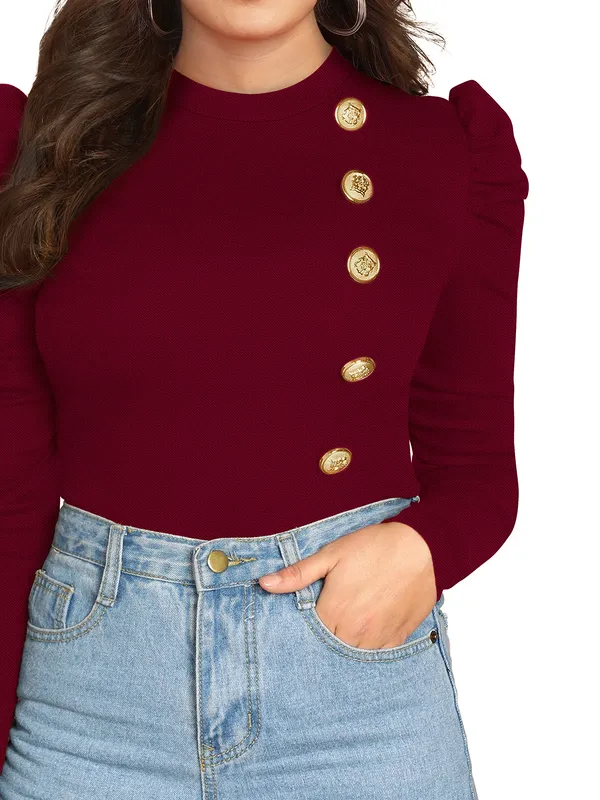 Maroon_Mock_Neck_Puff_Sleeve_Slim_Fit_Top_For_Women