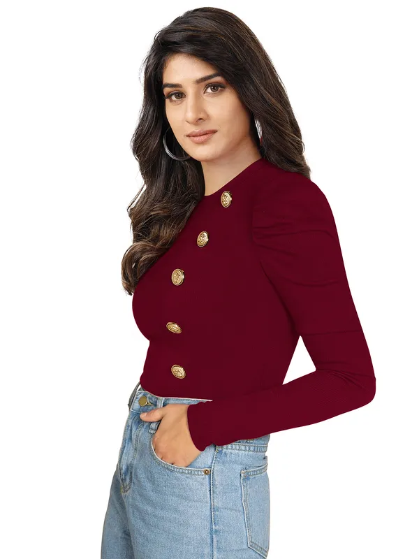 Maroon_Mock_Neck_Puff_Sleeve_Slim_Fit_Top_For_Women