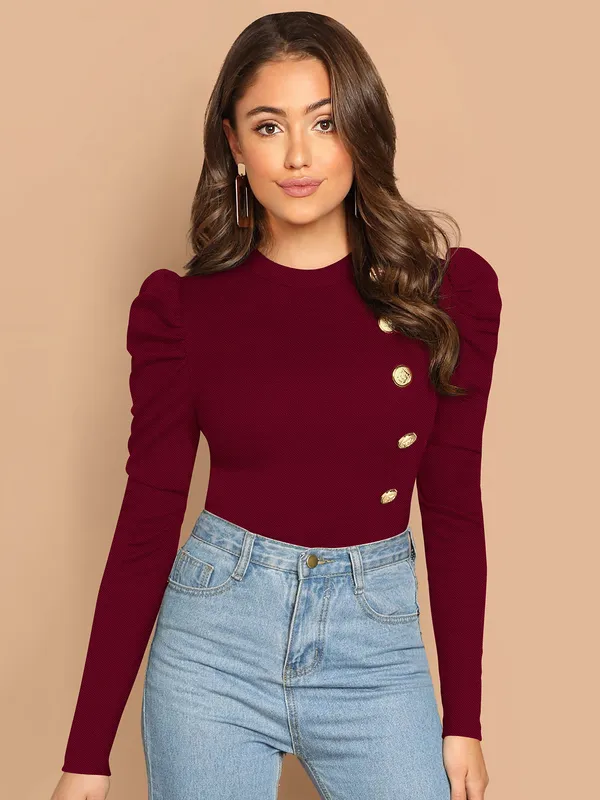Maroon_Mock_Neck_Puff_Sleeve_Slim_Fit_Top_For_Women