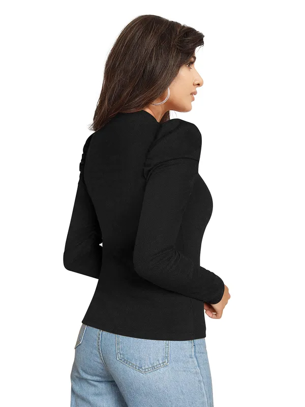 Black_Mock_Neck_Puff_Sleeve_Slim_Fit_Top_For_Women