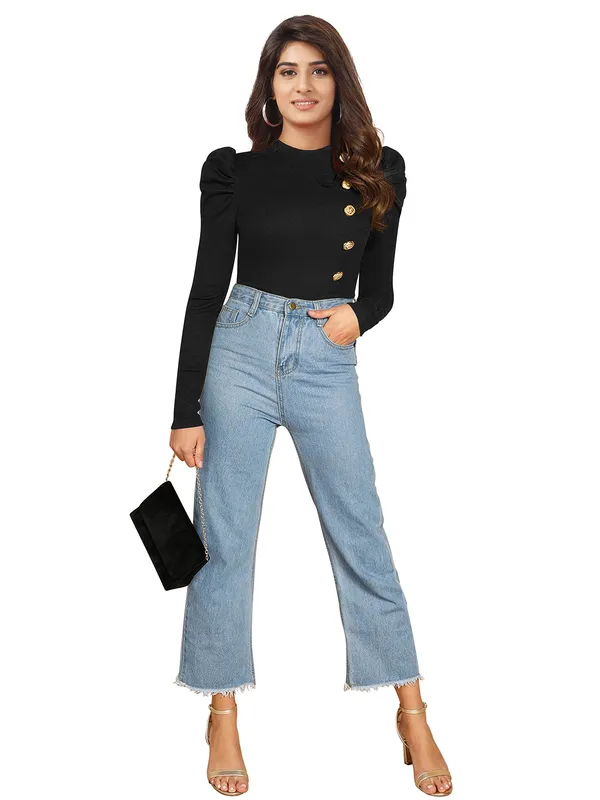 Black_Mock_Neck_Puff_Sleeve_Slim_Fit_Top_For_Women