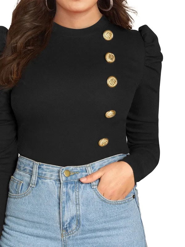 Black_Mock_Neck_Puff_Sleeve_Slim_Fit_Top_For_Women
