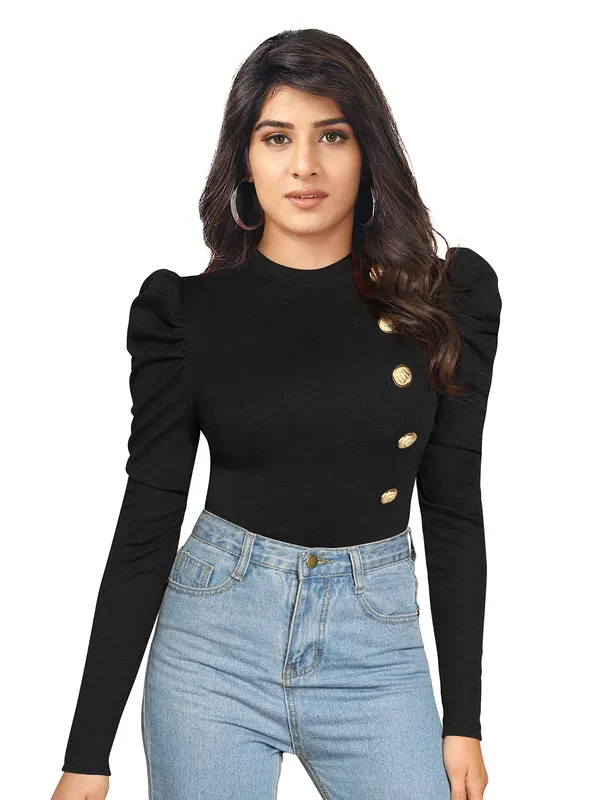 Black_Mock_Neck_Puff_Sleeve_Slim_Fit_Top_For_Women