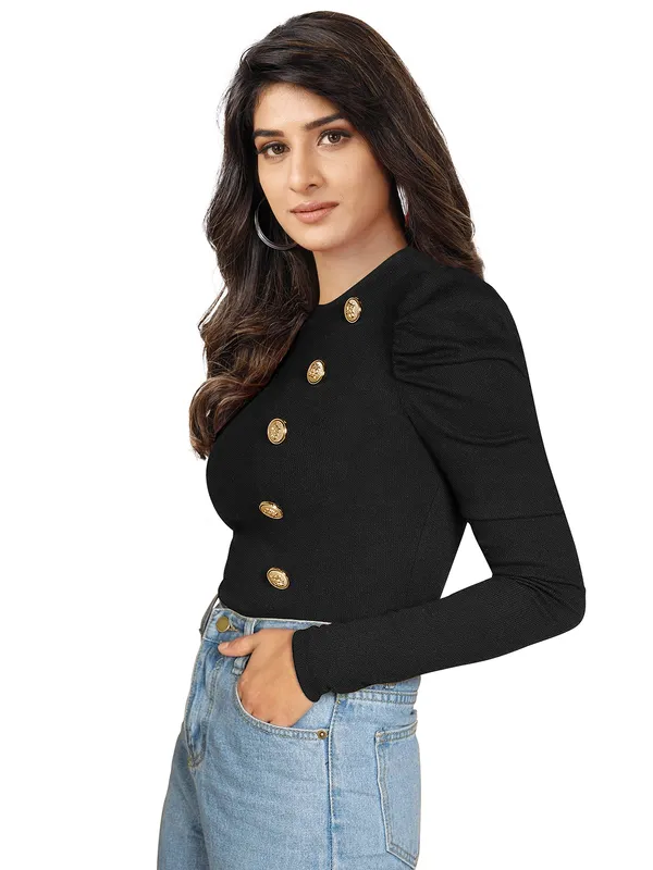 Black_Mock_Neck_Puff_Sleeve_Slim_Fit_Top_For_Women