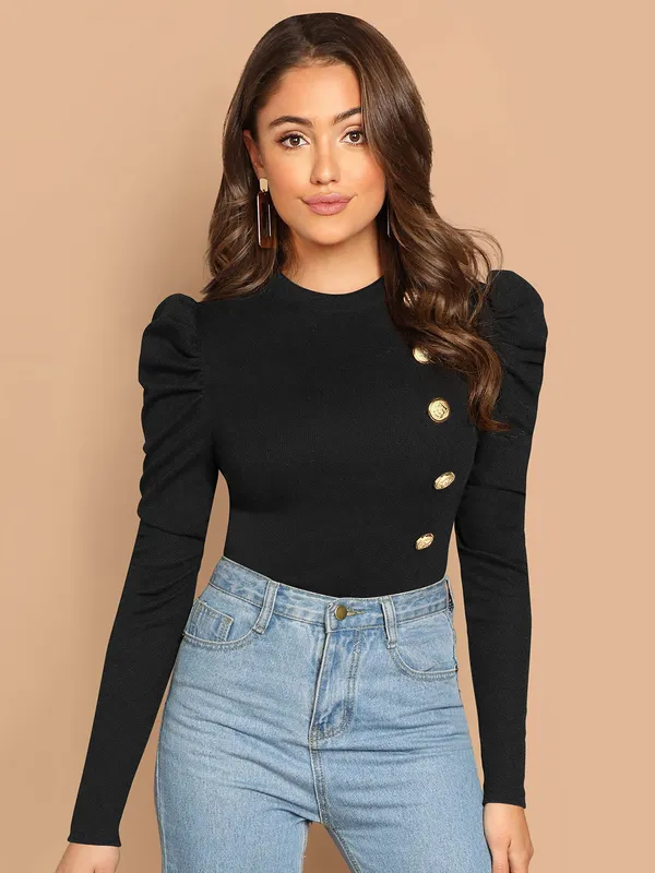 Black_Mock_Neck_Puff_Sleeve_Slim_Fit_Top_For_Women