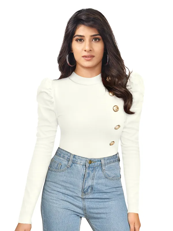 White_Mock_Neck_Puff_Sleeve_Slim_Fit_Top_For_Women