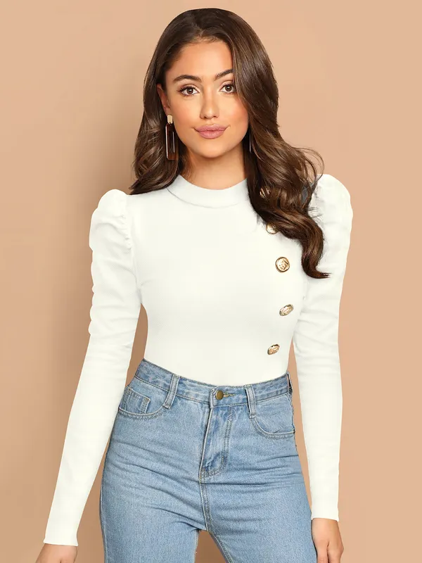 White_Mock_Neck_Puff_Sleeve_Slim_Fit_Top_For_Women