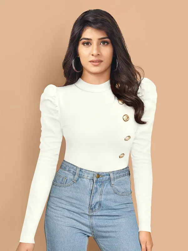 White_Mock_Neck_Puff_Sleeve_Slim_Fit_Top_For_Women