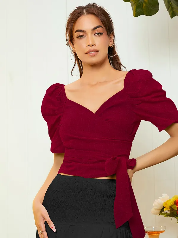 Maroon_Puff_Sleeve_Wrap_V-Neck_With_Side_Tie_Detail_Short_Sleeve_Top_For_Women