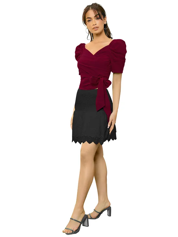Maroon_Puff_Sleeve_Wrap_V-Neck_With_Side_Tie_Detail_Short_Sleeve_Top_For_Women
