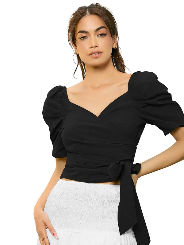 Black_Puff_Sleeve_Wrap_V-Neck_With_Side_Tie_Detail_Short_Sleeve_Top_For_Women