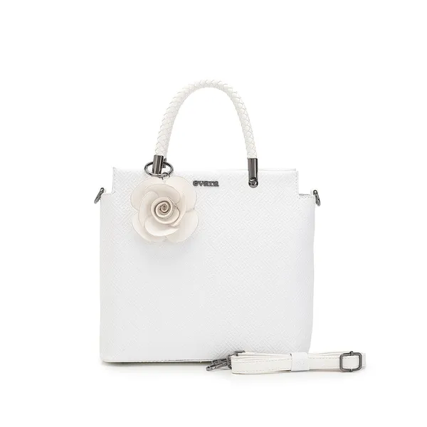 White_Structured_Handbag_With_Detachable_Strap_And_Floral_Accent