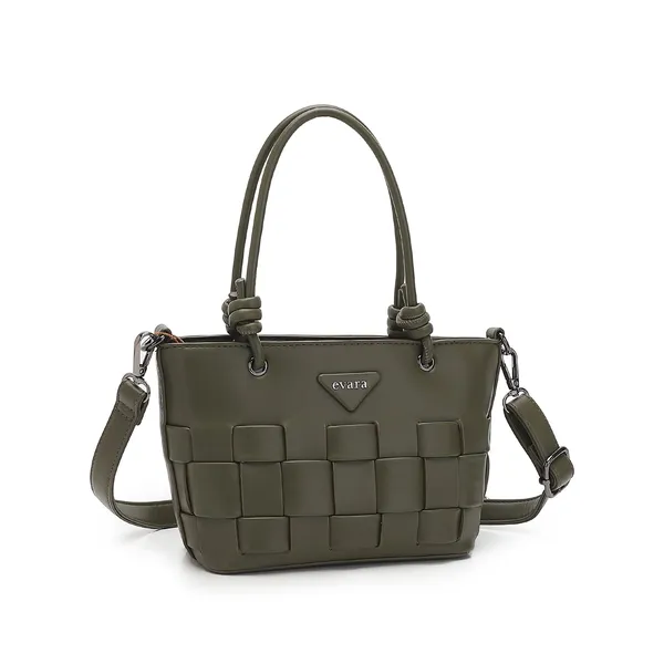 Olive_Green_Woven_Panel_Structured_Handbag_with_Detachable_Strap