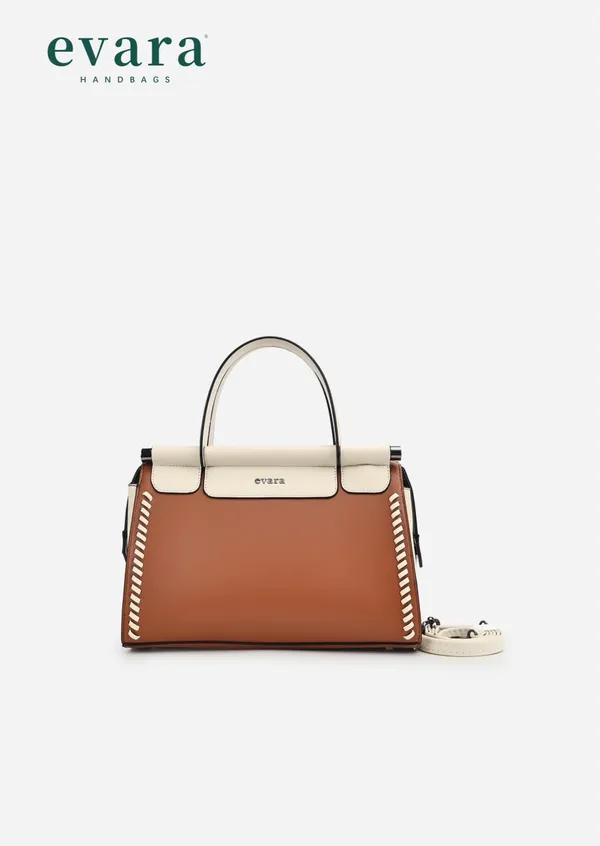 Tan_And_Cream_Whipstitch_Detail_Structured_Handbag_For_Women