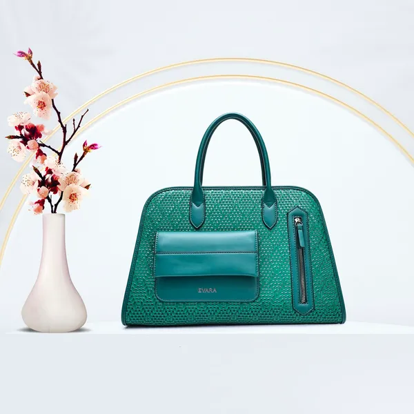 Green_Textured_Woven_Dome_Satchel_Bag_with_Front_Pocket