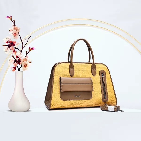 Yellow_Textured_Structured_Handbag_With_Brown_Trim_For_Women