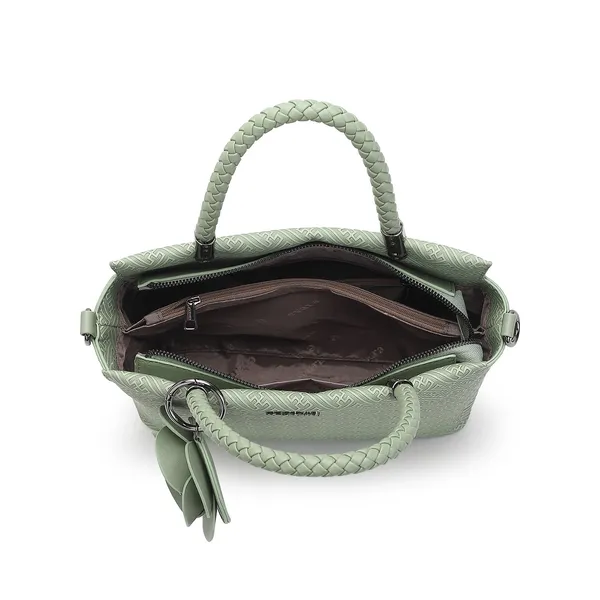 Green_Textured_Handbag_with_Floral_Charm_for_Women