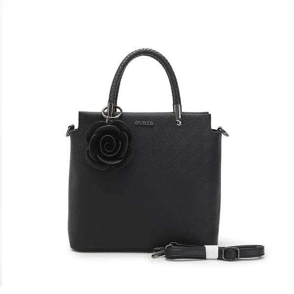 Black_Textured_Saffiano_Leather_Handbag_with_Floral_Charm