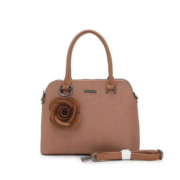 Brown_Textured_Dome_Satchel_Handbag_with_Floral_Accent