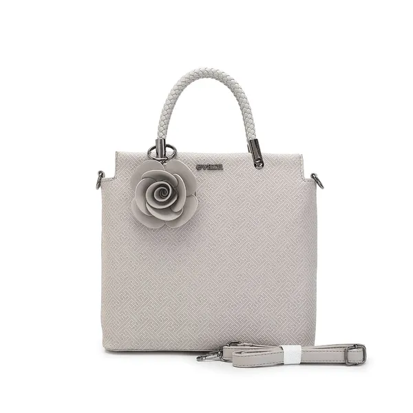 Grey_Textured_Structured_Handbag_with_Floral_Charm