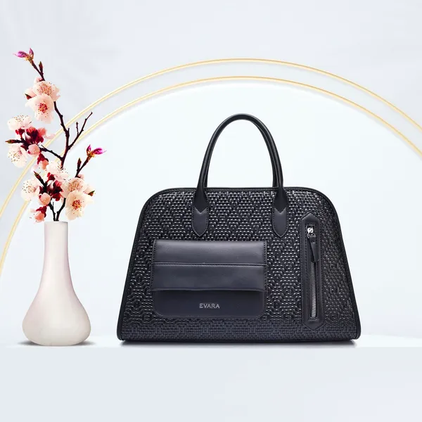 Black_Textured_Leather_Dome_Handbag_with_Front_Pocket