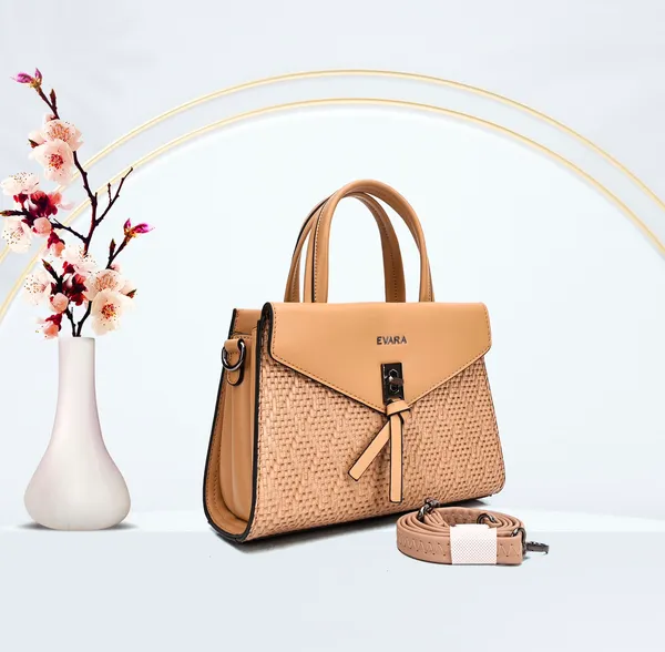 Tan_Woven_Textured_Satchel_Handbag_with_Detachable_Strap