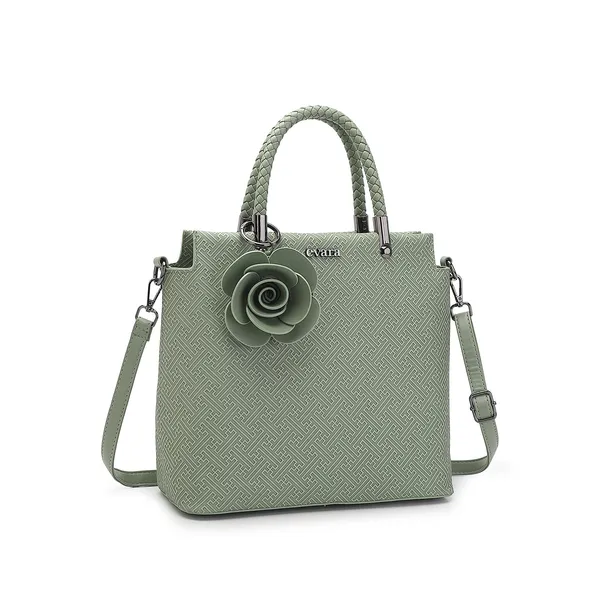 Green_Textured_Handbag_with_Floral_Charm_for_Women