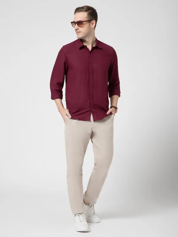OXYZONE_Premium_Solid_Full_Sleeve_Men's_Tencel_Cotton_Wine_Shirt,_Regular_Fit,_Spread_Collar_Non-Faded_Soft_&_Breathable_Fabric,_2-Way_Stretchable_Casual_&_Formal_Shirt_for_Men