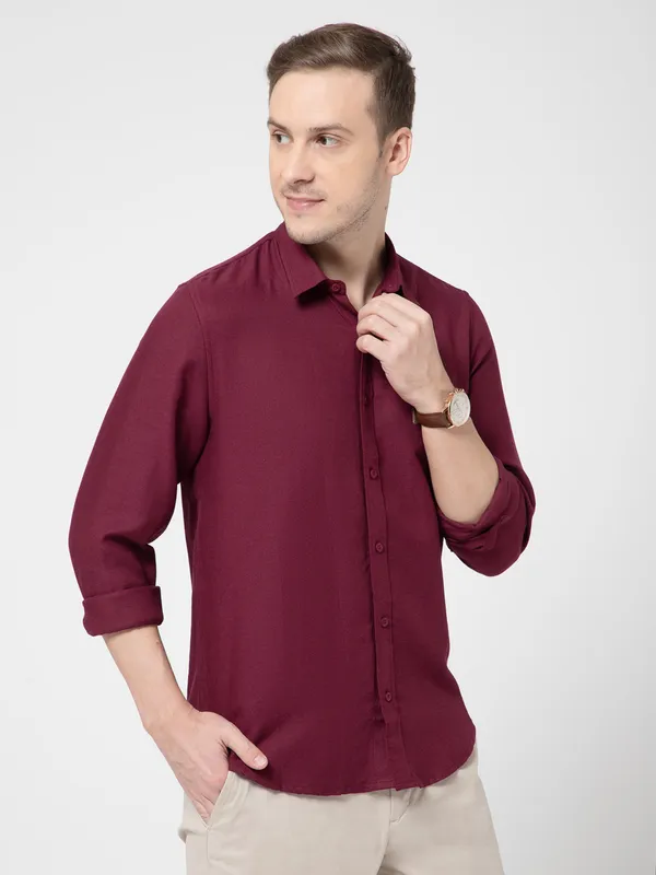 OXYZONE_Premium_Solid_Full_Sleeve_Men's_Tencel_Cotton_Wine_Shirt,_Regular_Fit,_Spread_Collar_Non-Faded_Soft_&_Breathable_Fabric,_2-Way_Stretchable_Casual_&_Formal_Shirt_for_Men
