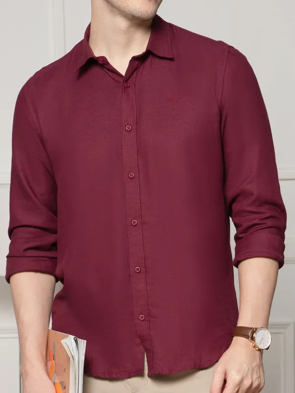 OXYZONE_Premium_Solid_Full_Sleeve_Men's_Tencel_Cotton_Wine_Shirt,_Regular_Fit,_Spread_Collar_Non-Faded_Soft_&_Breathable_Fabric,_2-Way_Stretchable_Casual_&_Formal_Shirt_for_Men