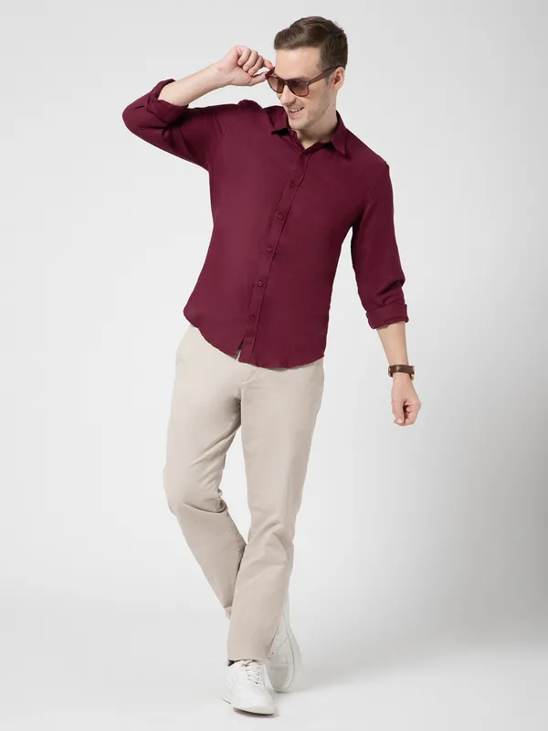 OXYZONE_Premium_Solid_Full_Sleeve_Men's_Tencel_Cotton_Wine_Shirt,_Regular_Fit,_Spread_Collar_Non-Faded_Soft_&_Breathable_Fabric,_2-Way_Stretchable_Casual_&_Formal_Shirt_for_Men