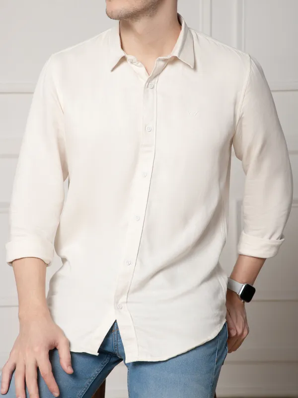OXYZONE_Premium_Solid_Full_Sleeve_Men's_Tencel_Cotton_Acru_Shirt,_Regular_Fit,_Spread_Collar_Non-Faded_Soft_&_Breathable_Fabric,_2-Way_Stretchable_Casual_&_Formal_Shirt_for_Men
